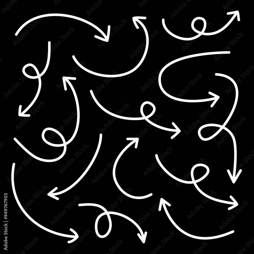 Hand drawn arrow icon set. Abstract simple sketch doodle decoration element. Pointer collection. White sign symbol shape. Childish style. Flat design. Black background. Isolated. Vector illustration Hand drawn arrow icon set. Abstract simple sketch doodle decoration element. Pointer collection. White sign symbol shape. Childish style. Flat design. Black background. Isolated. Vector illustration