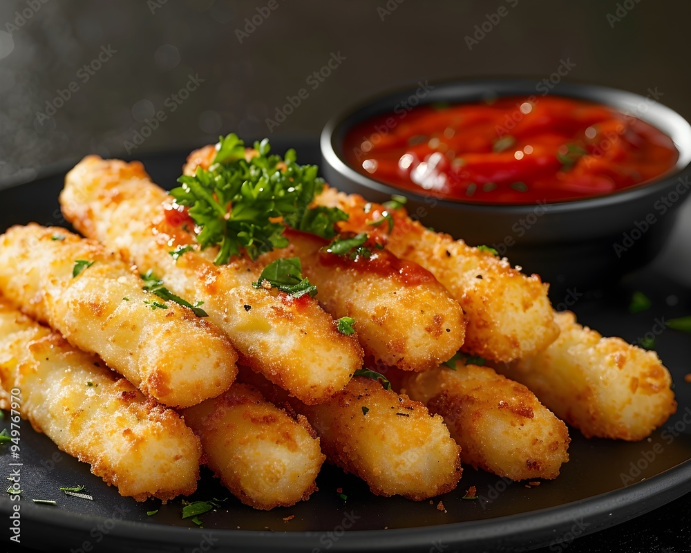 Crispy Mozzarella Sticks with Marinara Dipping Sauce on Black Background Crispy Mozzarella Sticks with Marinara Dipping Sauce on Black Background