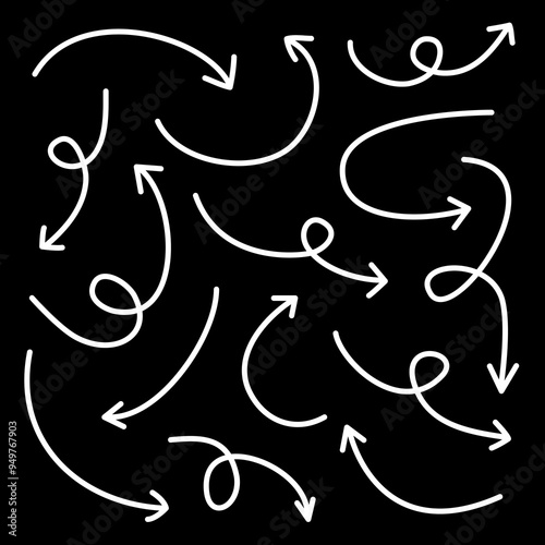 Hand drawn arrow icon set. Abstract simple sketch doodle decoration element. Pointer collection. White sign symbol shape. Childish style. Flat design. Black background. Isolated. Vector illustration