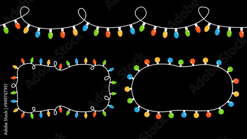 Christmas lights set. Glowing lightbulb garland line different frame. Colorful string fairy light. Cartoon holiday xmas decoration. Banner template. Flat design. Isolated. Black background. Vector