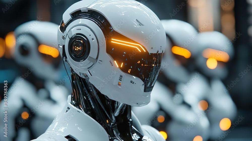 Fototapeta premium Robot with glowing eyes and helmet for cutting-edge futuristic designs