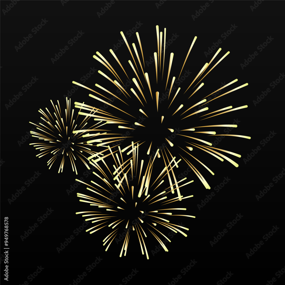 Festive salute golden fireworks bursts isolated on a black background. Graphic element for New Year, invitation, or congratulation card. Vector illustration