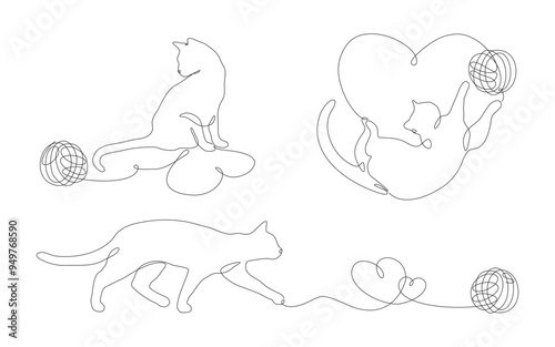 A set of continuous one line drawings of cats and yarn balls. Simple silhouettes of cats, yarn balls and hearts. Editable stroke, linear vector illustration. 