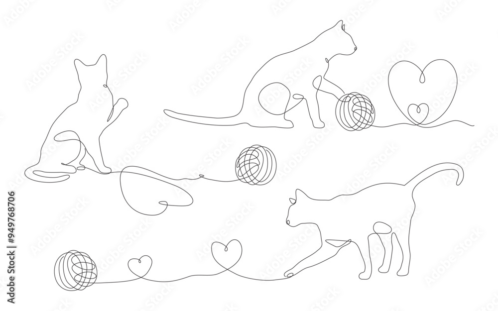 A set of continuous one line drawings of cats and yarn balls. Simple silhouettes of cats, yarn balls and hearts. Editable stroke, linear vector illustration. 