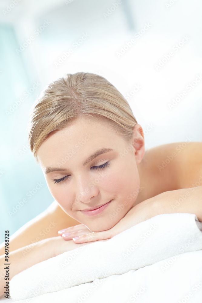 Dreaming, massage and relax with woman at spa as customer on table for break, treatment or wellness. Face, luxury and peace with person on bed as salon client for comfort, stress relief or quiet Dreaming, massage and relax with woman at spa as customer on table for break, treatment or wellness. Face, luxury and peace with person on bed as salon client for comfort, stress relief or quiet
