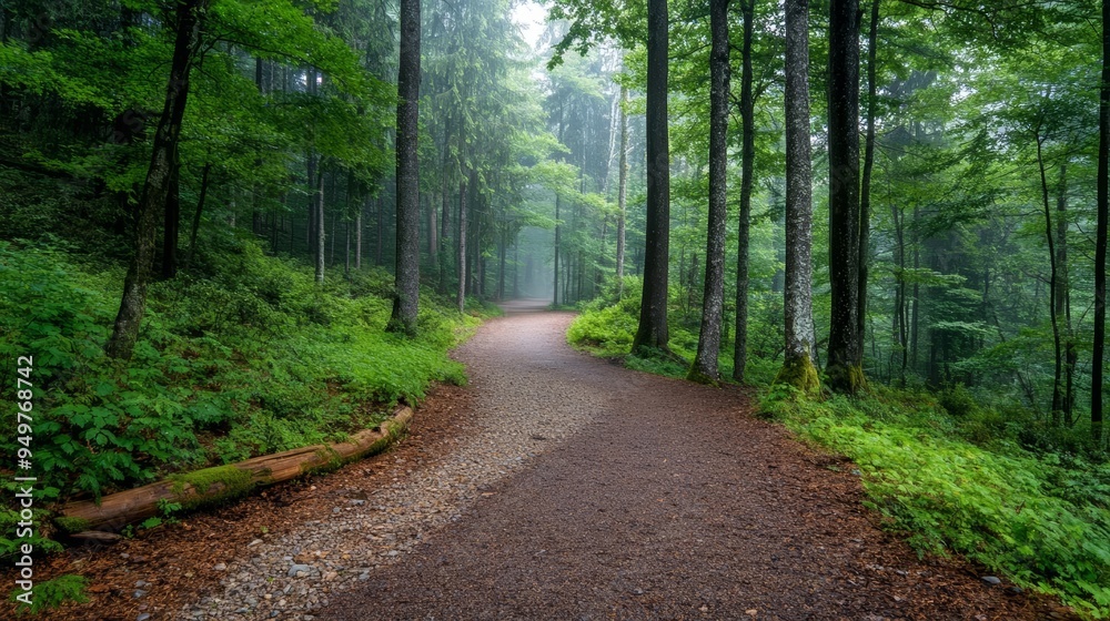 Fototapeta premium Serene forest path winding through lush greenery, inviting exploration and connection with nature amidst the calming mist.