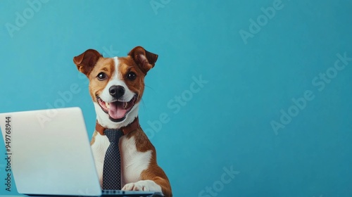 Portrait of dog office worker in a tie. blue background. space for text. photo