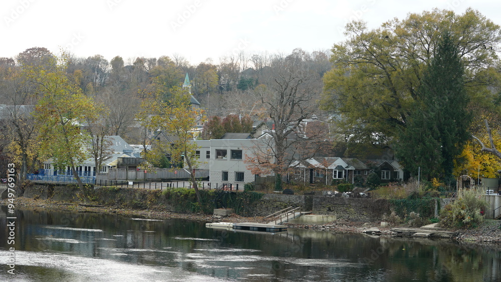 The beautiful little town landscape with the colorful autumn leaves and old buildings in USA The beautiful little town landscape with the colorful autumn leaves and old buildings in USA
