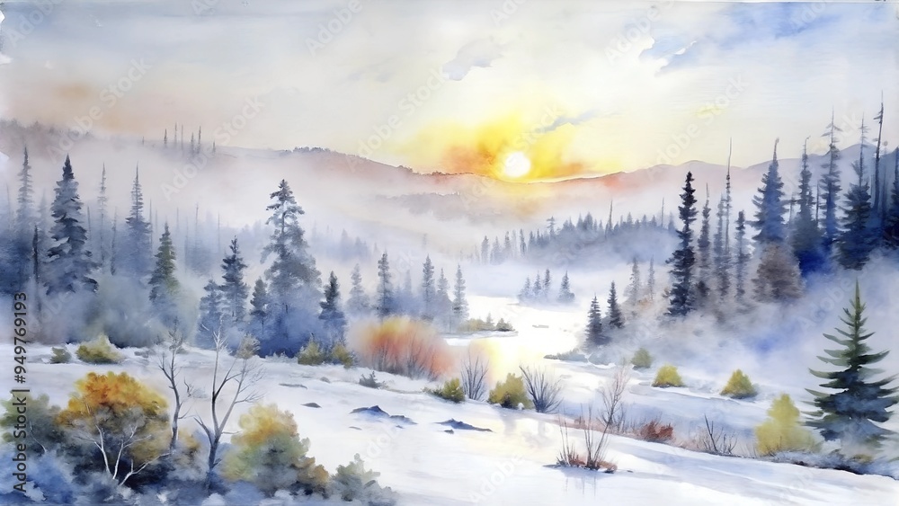 Obraz premium Misty winter landscape illustration at sunrise featuring a river and soft colors in a tranquil setting