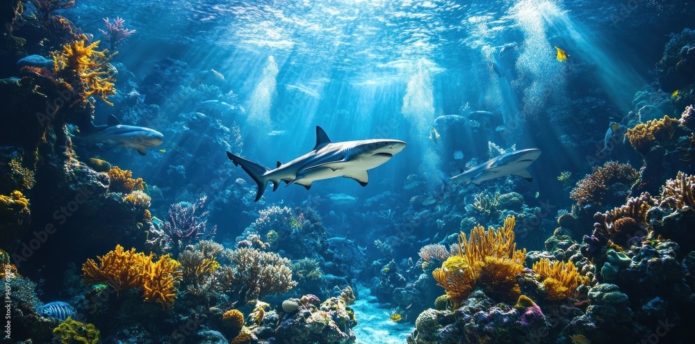 Fototapeta premium Two Sharks Swimming Through a Coral Reef in Blue Water