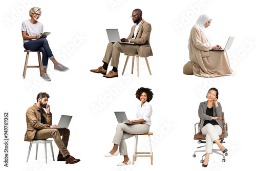 PNG diverse sitting business people design element set, transparent background