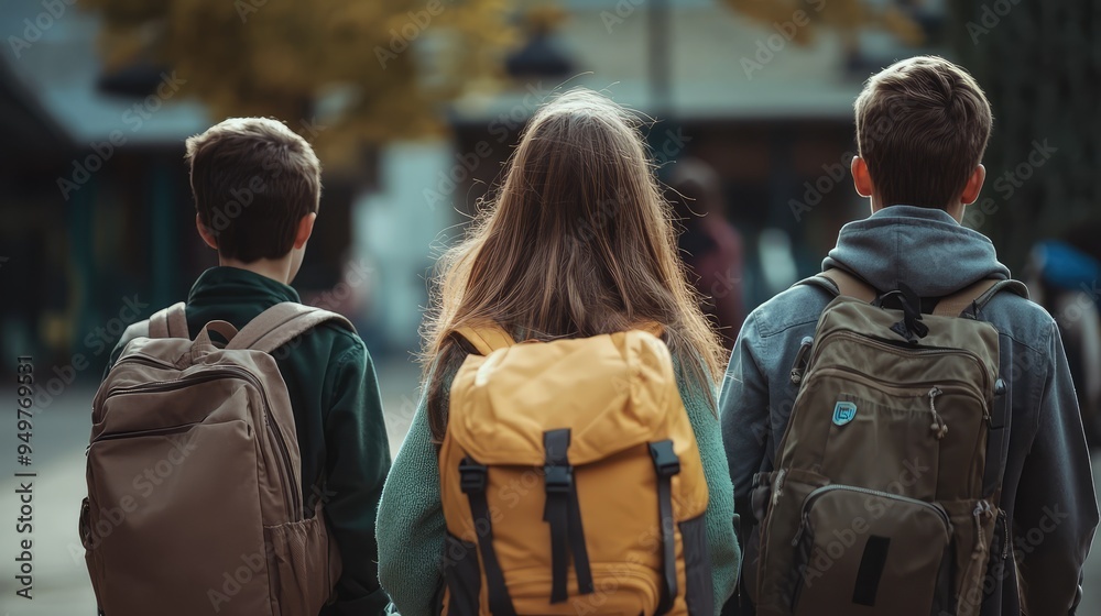 Back View of Anonymous Girls and Boys with Backpacks Walking Together to School During Daytime, 3D Illustration. AI generated illustration. Back View of Anonymous Girls and Boys with Backpacks Walking Together to School During Daytime, 3D Illustration. AI generated illustration.