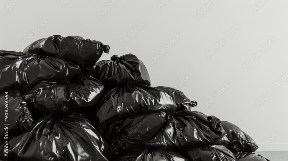 Pile of black garbage bags stacked against a stark, minimalistic white wall. Pile of black garbage bags stacked against a stark, minimalistic white wall.