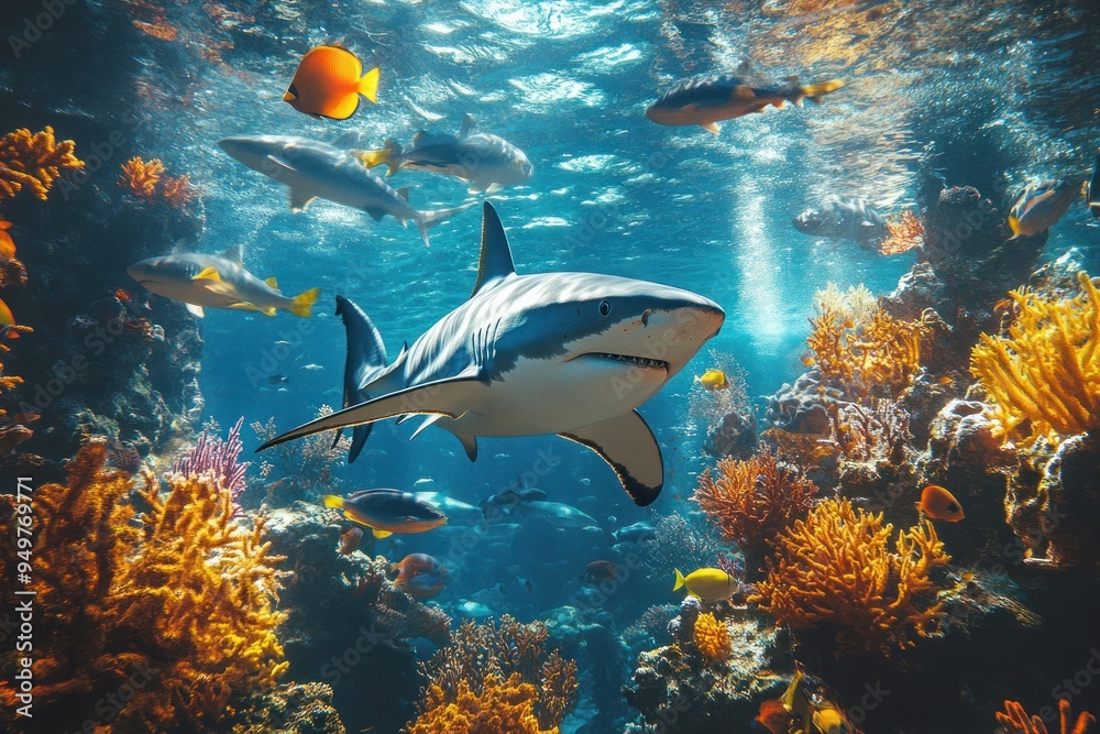 Fototapeta premium Great White Shark Swimming Through a Coral Reef