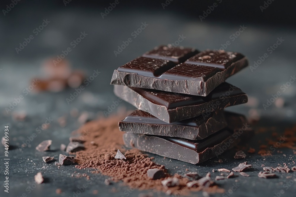 Stack of Dark Chocolate Bars with Cocoa Powder and Chocolate Pieces Stack of Dark Chocolate Bars with Cocoa Powder and Chocolate Pieces