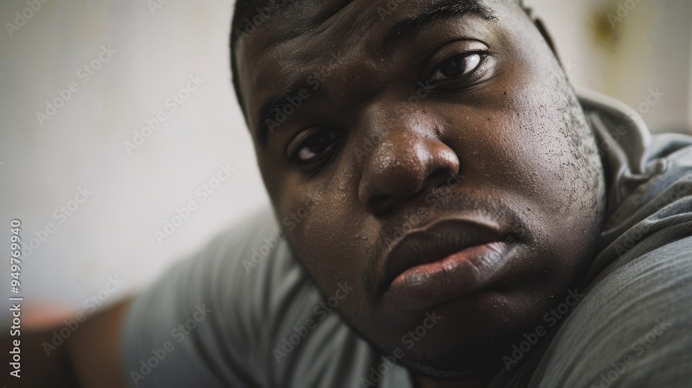 A thoughtful and introspective portrait of a man, captured in a moment of quiet reflection and deep emotion, highlighting his expressive eyes and serene surroundings.