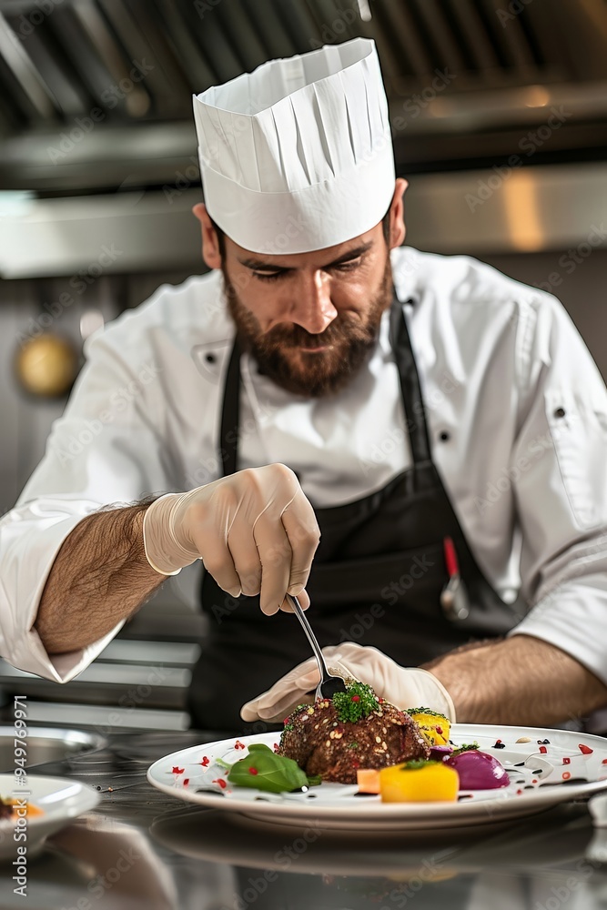 Passionate chef plating a dish in a gourmet kitchen Passionate chef plating a dish in a gourmet kitchen