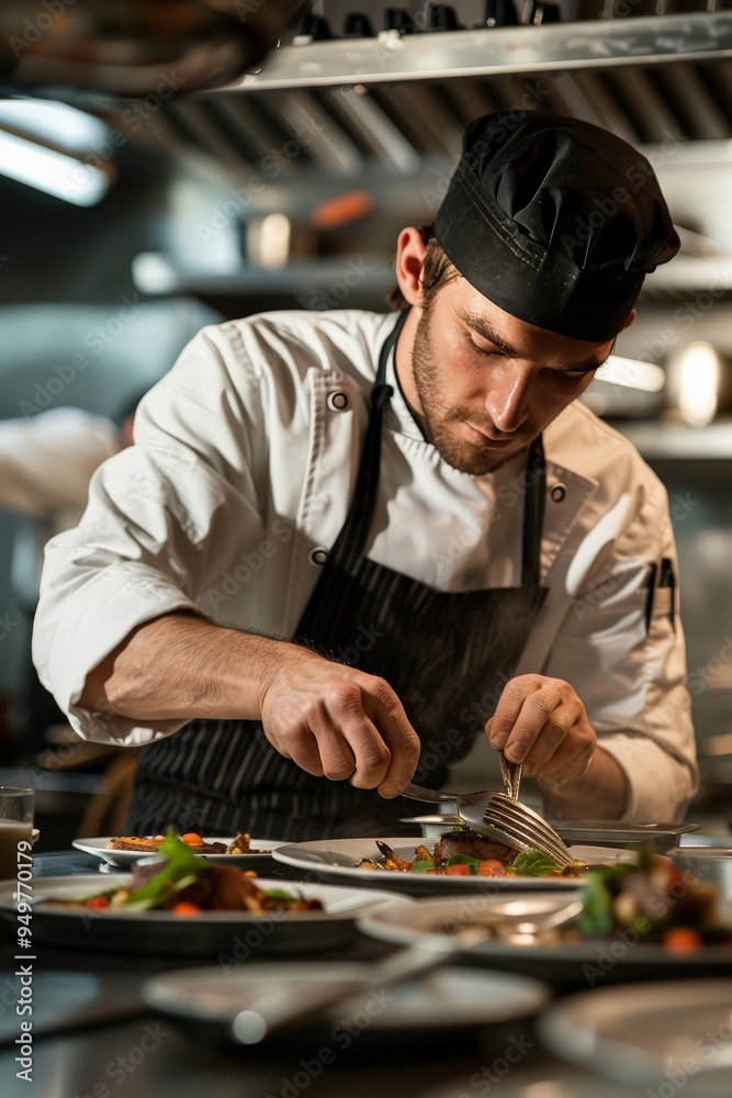 Passionate chef plating a dish in a gourmet kitchen Passionate chef plating a dish in a gourmet kitchen