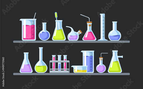 Lab glassware on shelves. Chemical laboratory equipment. Glass ware, flasks, test tubes, beakers with acid liquids. Chemistry science tools, samples, reagents for experiments. Flat vector illustration