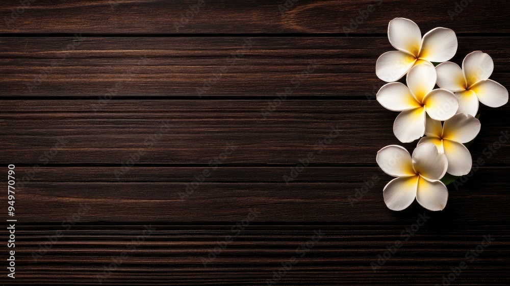 White and yellow frangipani flowers gracefully border the left side of a rich wooden surface, ideal for text or creative elements White and yellow frangipani flowers gracefully border the left side of a rich wooden surface, ideal for text or creative elements
