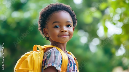 Little African American Girl Going to School with a Short Haircut and Backpack, Happy Child, 3D Illustration. AI generated illustration.