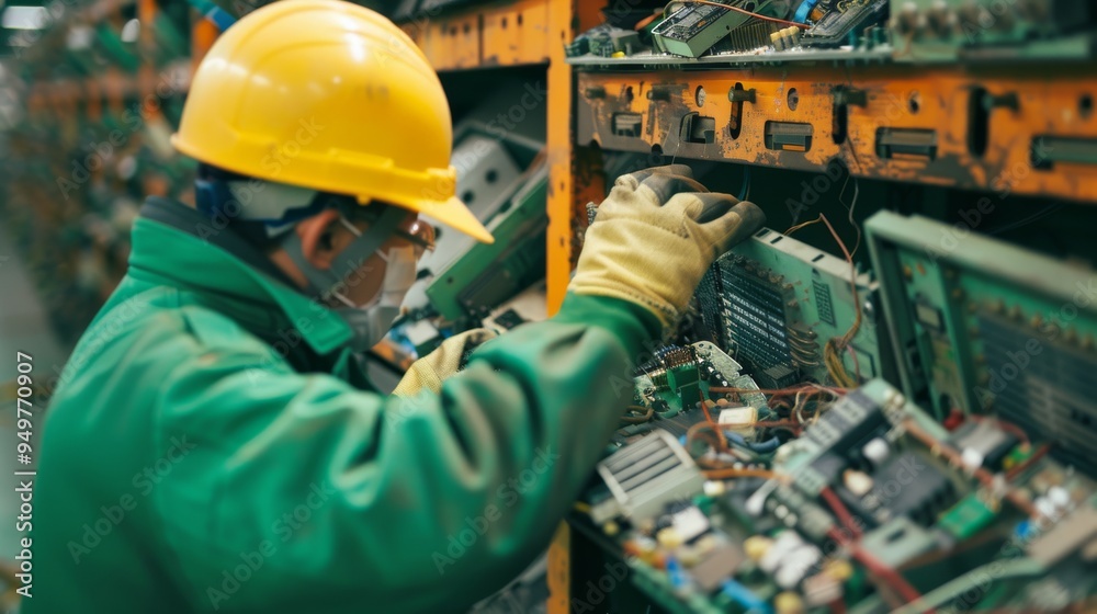 A worker in a yellow hard hat and green uniform carefully examining electronic circuit boards in what appears to be a recycling center. A worker in a yellow hard hat and green uniform carefully examining electronic circuit boards in what appears to be a recycling center.