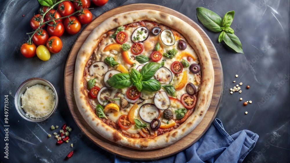 Vegetarian Pizza on Wooden Board with Fresh Ingredients on Slate Background Vegetarian Pizza on Wooden Board with Fresh Ingredients on Slate Background