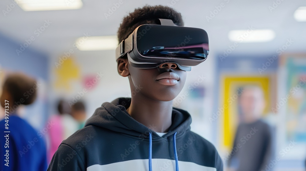 Student Wearing a VR Headset in a Classroom Using AI and Interactive Technology, 3D Illustration. AI generated illustration. Student Wearing a VR Headset in a Classroom Using AI and Interactive Technology, 3D Illustration. AI generated illustration.