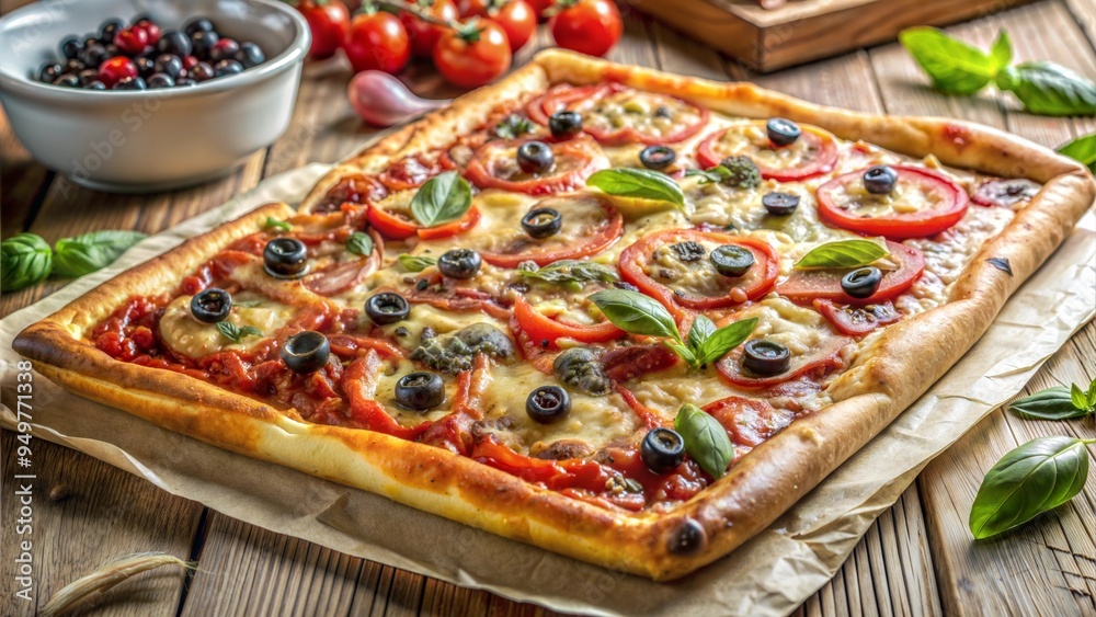 Square Italian Pizza with Olives, Tomatoes, and Fresh Basil on Parchment Paper Square Italian Pizza with Olives, Tomatoes, and Fresh Basil on Parchment Paper