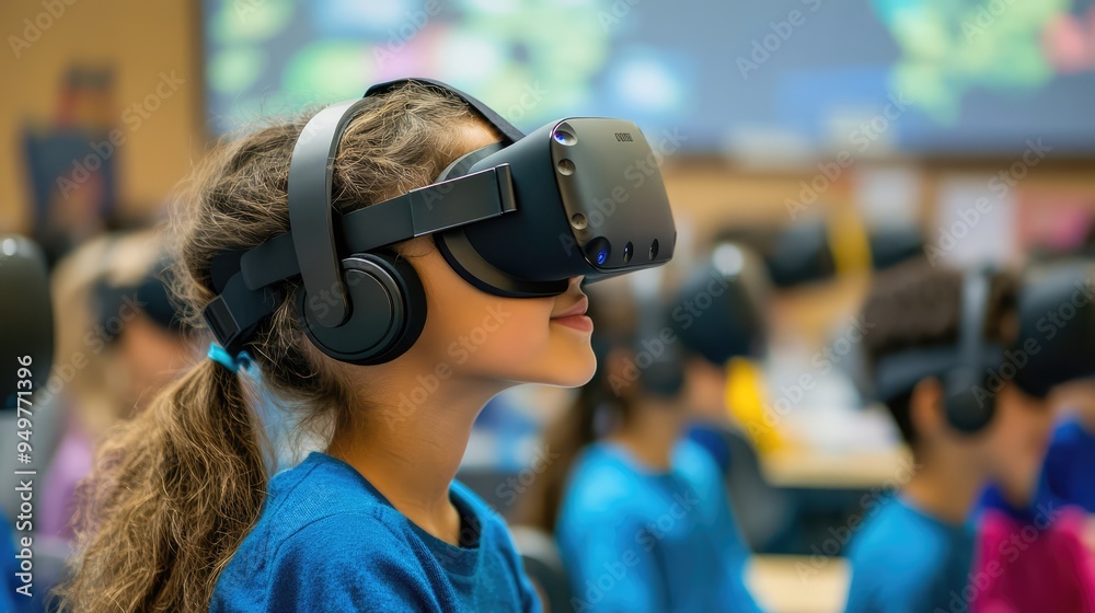 Student Wearing a VR Headset in a Classroom Using AI and Interactive Technology, 3D Illustration. AI generated illustration. Student Wearing a VR Headset in a Classroom Using AI and Interactive Technology, 3D Illustration. AI generated illustration.