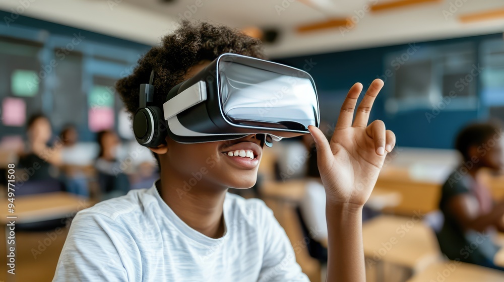 Student Wearing a VR Headset in a Classroom Using AI and Interactive Technology, 3D Illustration. AI generated illustration. Student Wearing a VR Headset in a Classroom Using AI and Interactive Technology, 3D Illustration. AI generated illustration.