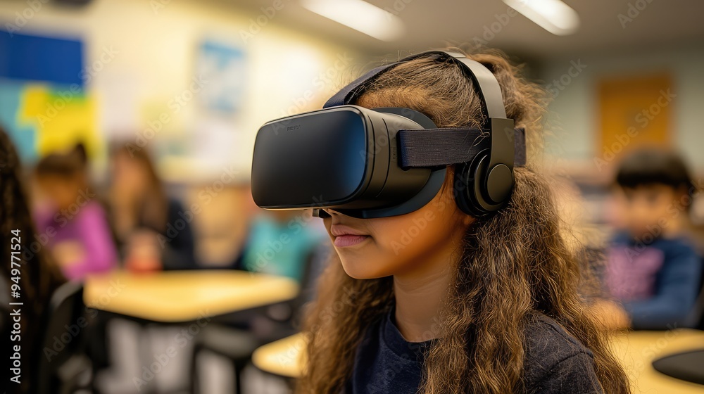 Student Wearing a VR Headset in a Classroom Using AI and Interactive Technology, 3D Illustration. AI generated illustration. Student Wearing a VR Headset in a Classroom Using AI and Interactive Technology, 3D Illustration. AI generated illustration.