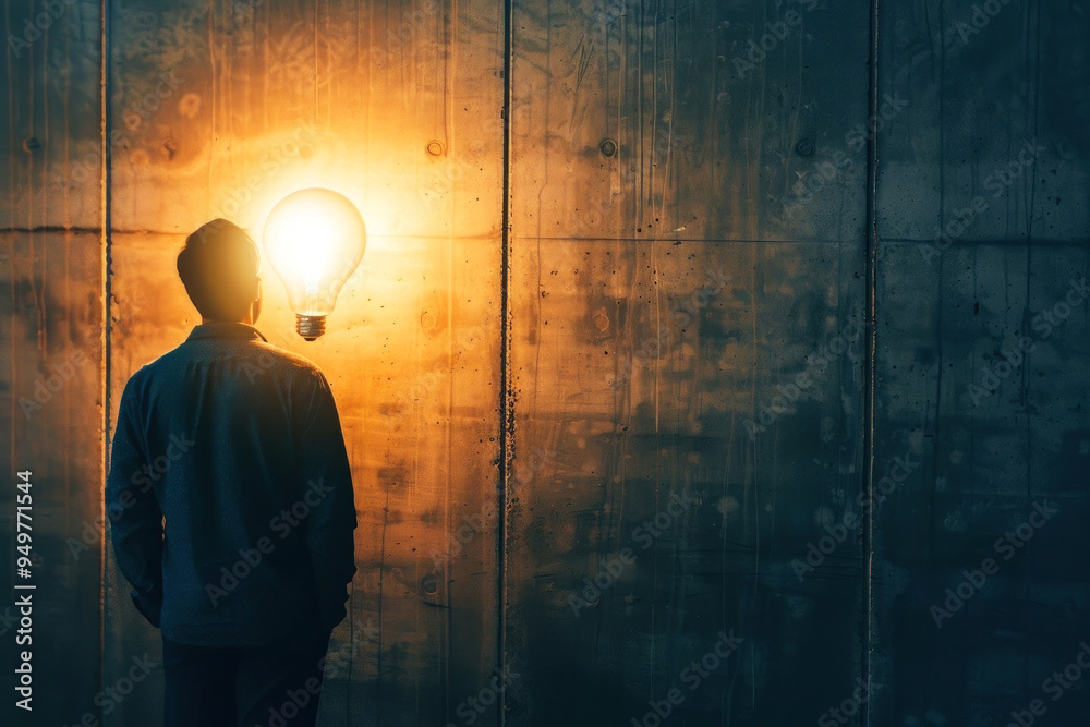 Innovative art piece showing a man staring at a radiant light bulb in front of a textured wall Innovative art piece showing a man staring at a radiant light bulb in front of a textured wall