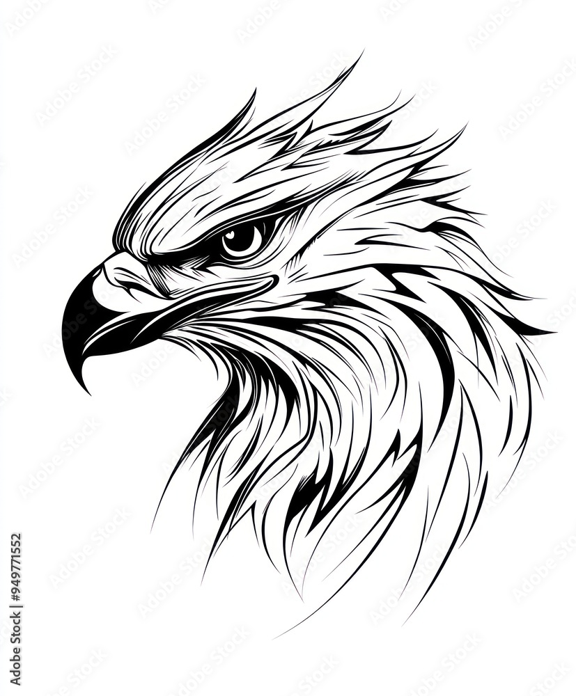 Obraz premium A stylized black and white illustration of an eagle's head with intricate feather details.