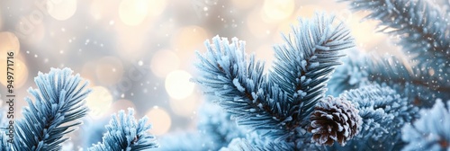 Snowy Christmas background with a close - up of frosted pine branches photo