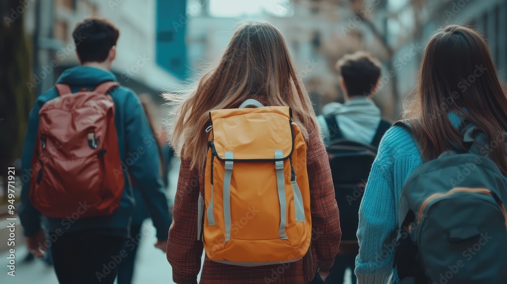 Back View of Anonymous Girls and Boys with Backpacks Walking Together to School During Daytime, 3D Illustration. AI generated illustration. Back View of Anonymous Girls and Boys with Backpacks Walking Together to School During Daytime, 3D Illustration. AI generated illustration.