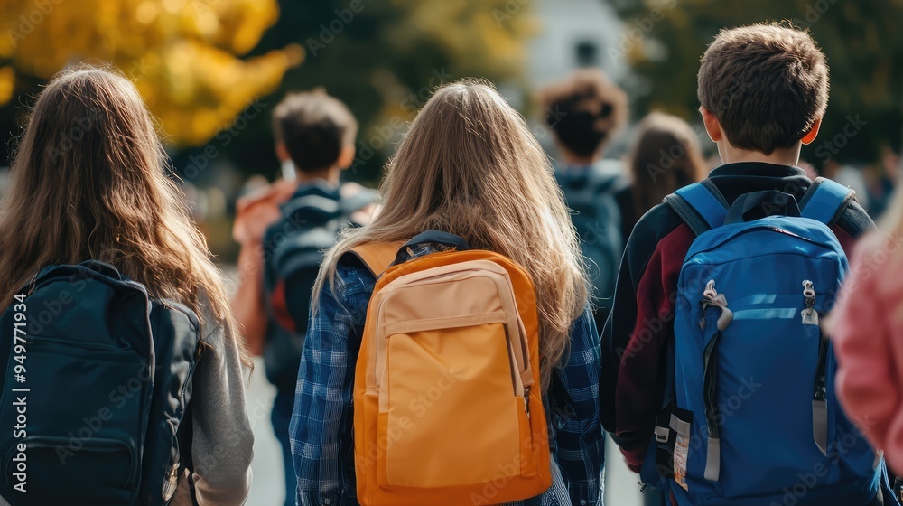 Back View of Anonymous Girls and Boys with Backpacks Walking Together to School During Daytime, 3D Illustration. AI generated illustration. Back View of Anonymous Girls and Boys with Backpacks Walking Together to School During Daytime, 3D Illustration. AI generated illustration.
