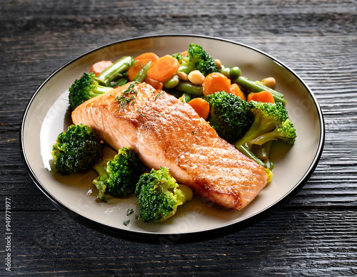 A grilled salmon steak served with vegetables on a white plate, showcasing a gourmet, healthy meal