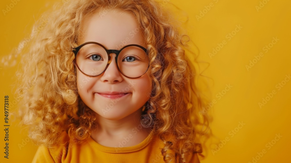 A smiling child with curly blond hair wearing round glasses and a yellow shirt, posed against a matching yellow background. A smiling child with curly blond hair wearing round glasses and a yellow shirt, posed against a matching yellow background.