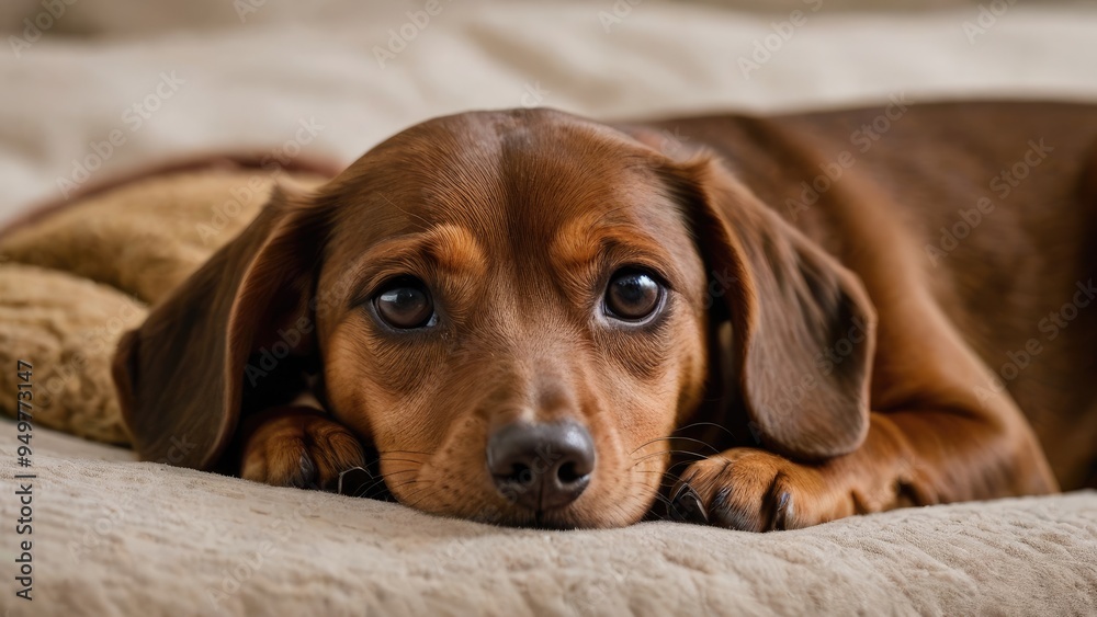 Chocolate and tan smooth haired dachshund dog lying on bed in the bedroom Chocolate and tan smooth haired dachshund dog lying on bed in the bedroom