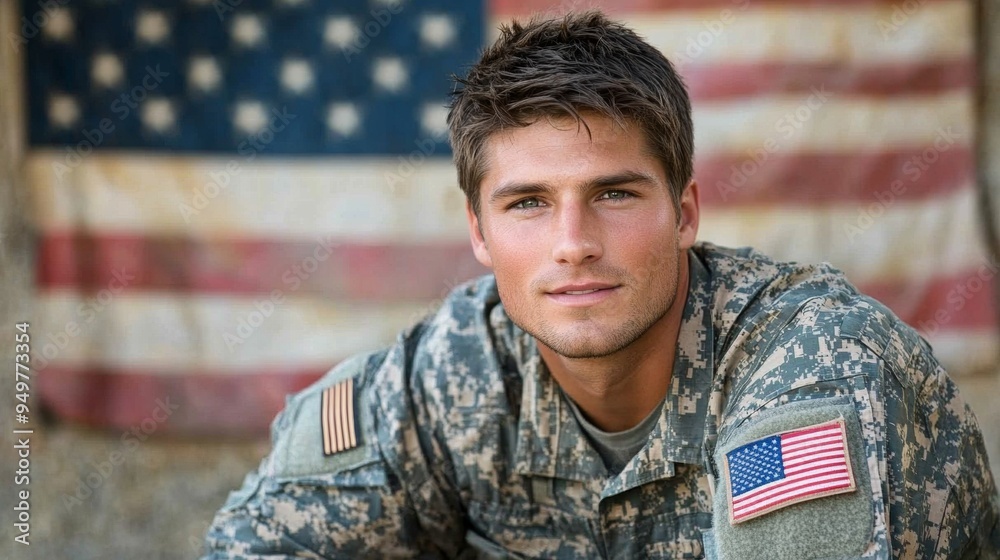 Portrait of a young American soldier in uniform with a US flag background. This image symbolizes patriotism, bravery, and dedication, suitable for military or veteran-themed content. Portrait of a young American soldier in uniform with a US flag background. This image symbolizes patriotism, bravery, and dedication, suitable for military or veteran-themed content.
