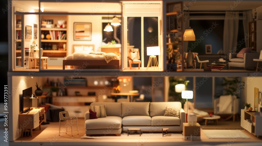 A beautifully crafted miniature model of a contemporary home interior, showcasing detailed rooms and elegant decor under soft lighting.