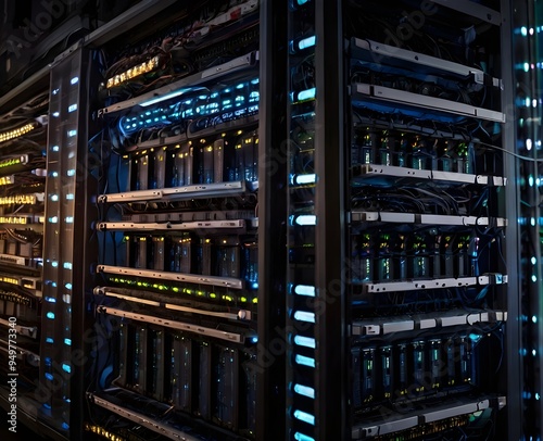 A row of network servers with glowing LED lights, showcasing a sleek and modern data center environment. The image emphasizes the advanced technology and connectivity essential for digital infrastruct photo