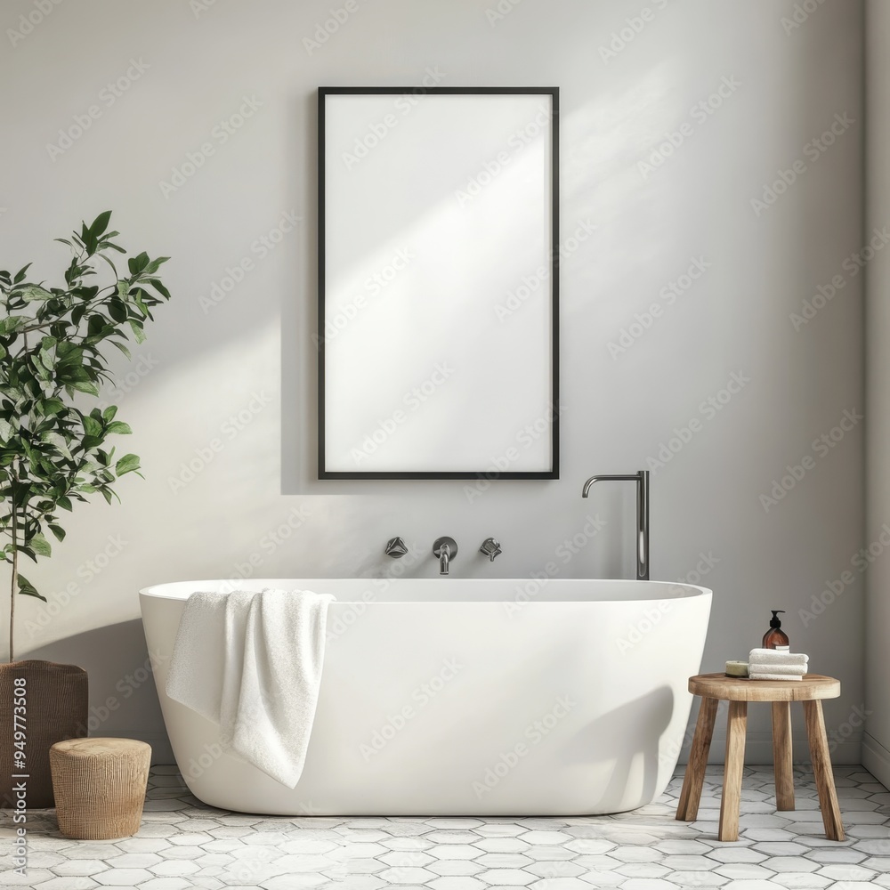 Minimalist Wall Art Mockup in Modern Bathroom with Freestanding Tub, Light Neutral Tones, and Natural Decor - Ideal for Spa-Like Interior Design