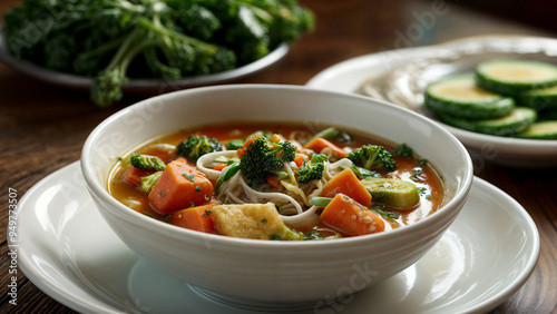 A bowl of vegetable noodle soup with vibrant ingredients on a wooden table, suggesting a healthy and appetizing meal. The warm tones convey coziness.