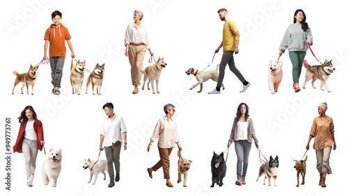 PNG people walking dogs design element set, transparent background photo