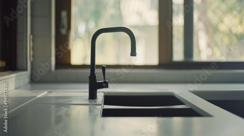 A minimalist kitchen faucet over a white countertop, beautifully lit by natural light streaming through a large window, evoking a sense of calm and modernity.