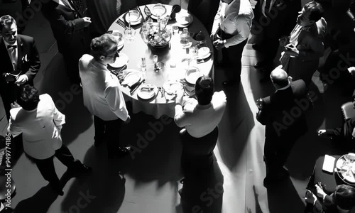A Black and White Image of a Formal Gathering Around a Table