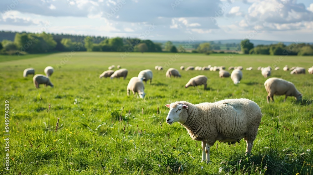 Fototapeta premium Sheep grazing in a lush green pasture on a sunny day