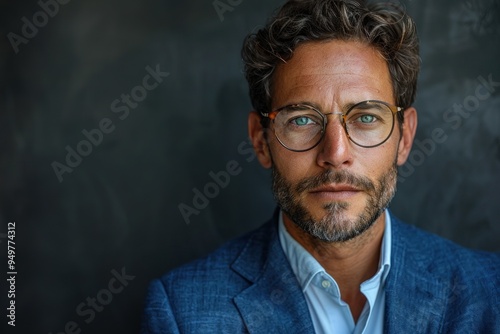 Portrait of a Man with Blue Eyes and a Serious Expression